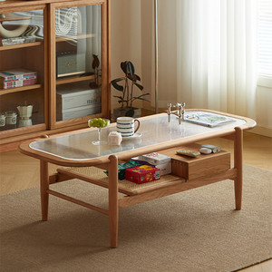 Mesa de Centro de Madera Maciza Estilo Nórdico, Madera de Cerezo, Tapa Ovalada de Vidrio con Cajón, Diseño Minimalista Japonés, Mesa de Té para Apartamentos Pequeños - Product Image 1