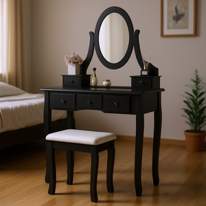 Juego de tocador negro YS con 5 cajones y taburete, espejo ajustable, diseño tradicional, muebles para dormitorio - Product Image 2