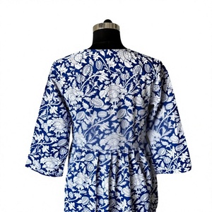 Blue Floral Bohemian Mini <b>Kimono</b> <b>Jacket</b> Women's Long Sleeve Layering Shrug Breathable Summer Spring Daily ODM 100% Cotton - Product Image 3