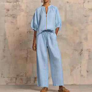 Ensemble décontracté pour femme, pantalon large à jambes larges, couleur unie, fermeture éclair, col rond, tailles M, XXL, S, XL, L - Product Image 4