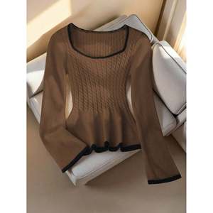 Pull en tricot à manches longues pour femme, col carré noir, bordure contrastée, pour l'automne - Product Image 5