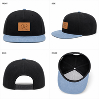 Casquette de baseball personnalisée noire à visière plate, 6 panneaux, snapback, visière en jean bleu, patch en cuir, réglable, vente en gros, OEM, faible MOQ