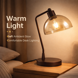 Lampe de table moderne en métal, corps en fer, abat-jour en verre ambré, ampoule E27, lumière chaude pour chambre à coucher, chevet, lecture, bureau, interrupteur à bouton - Product Image 3