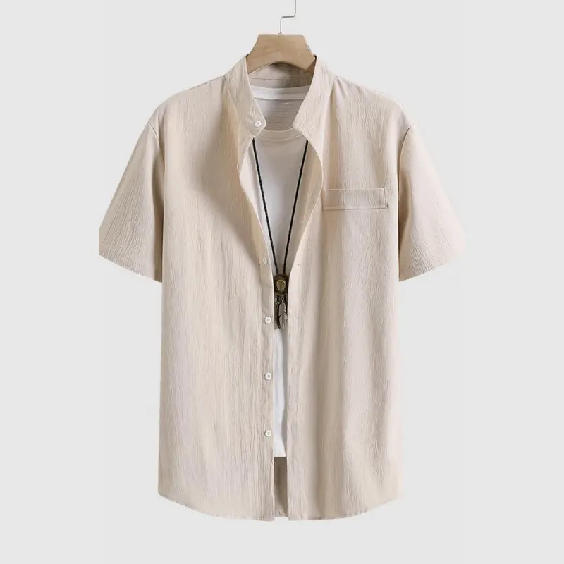 2023 Fashion Wholesale Custom Short Sleeve Plain Shirts For Men Stand Collar Button Up Men Shirt Casual