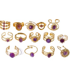 Anillos de acero inoxidable, joyería para mujer, chapado en oro de 18K, resistente al agua, sin deslustre, abierto, ajustable, piedra Natural, anillo de amatista curativo - Product Image 6