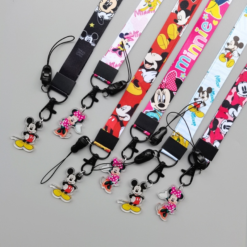 Cute Cartoon Minnie Mickey Satin Lanyard Handy Mobile Phone Card Holder with Wide Flat Braided Belt Heat Transfer Pendant Badge