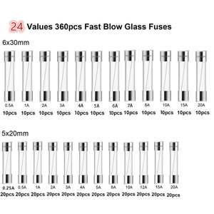 24 valeurs, 360 pièces de fusibles en verre assortis, 6*30mm, 5*20mm, 0.25A-20A, à rupture rapide, faible capacité de rupture - Product Image 6