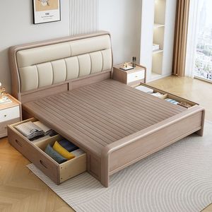 Cama Moderna <span class=keywords><strong>de</strong></span> Madera Maciza con Acabado en Cuero, Tamaño Completo, Cómoda y con Almacenamiento Multifuncional para Hoteles, Muebles <span class=keywords><strong>de</strong></span> Dormitorio - Product Image 1