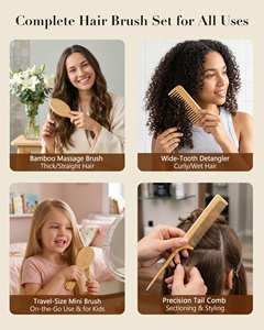 Brosse à cheveux en bambou naturel pour massage du cuir chevelu, démêlage des cheveux bouclés, peigne pour cheveux secs et humides avec logo - Product Image 6