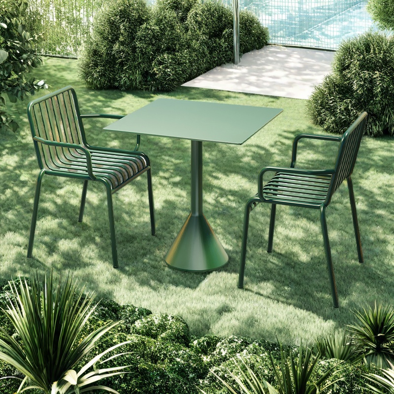 Green - one table and two chairs - square table (armrests)