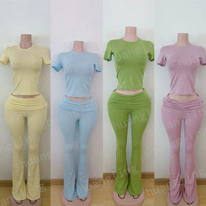 Loungewear Conjuntos de mujer Casual Soft Yoga Legging Pliegue sobre la cintura Pantalones acampanados Pantalones ajustados para mujer Conjunto de pantalones acampanados - Product Image 2