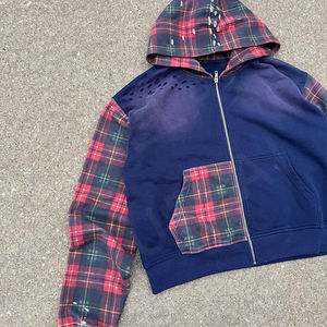 <span class=keywords><strong>Sudadera</strong></span> con Capucha Personalizada para <span class=keywords><strong>Hombre</strong></span>, 100% Algodón, Diseño a Cuadros, Bloques de Color, Estilo Vintage, Lavado Ácido, con Cremallera - Product Image 2