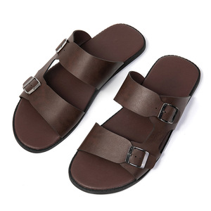 Men's Genuine Leather <b>Slide</b> Sandals Open Toe Buckle Strap Rubber Outsole Summer Casual Anti <b>Slip</b> Breathable Light Weight - Product Image 2