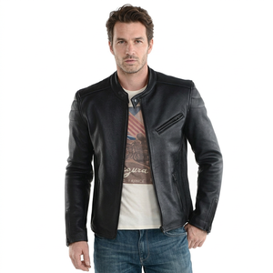 Veste en cuir noire pour homme, col montant, style motard, coupe ajustée, en cuir véritable - Product Image 1