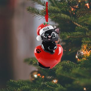 Ornamento Natalizio Personalizzato <span class=keywords><strong>Gatto</strong></span> Nero 2027 con <span class=keywords><strong>Cuore</strong></span> Rosso - Product Image 1