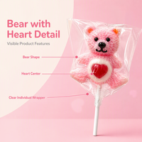 Sucette en forme d'ours avec cœur central, certifiée Halal, bonbon dur emballé individuellement pour présentoirs de vente au détail et coffrets cadeaux