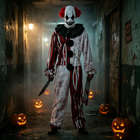 Costume d'Halloween de Clown Maléfique Horreur, Combinaison Rayée Éclaboussée de Sang pour Hommes