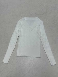 Pull décontracté pour femme en maille torsadée avec col en V et dentelle, couleur unie, style vintage, pour l'automne - Product Image 2
