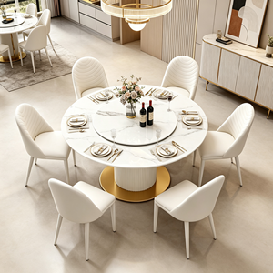 โต๊ะรับประทานอาหารหินเผาพร้อมถาดหมุนแบบ Lazy Susan, ฐานทรงกระบอกสีขาวลายร่อง, เก้าอี้รับประทานอาหารหุ้มหนัง PU สีขาวลายคลื่น - Product Image 3