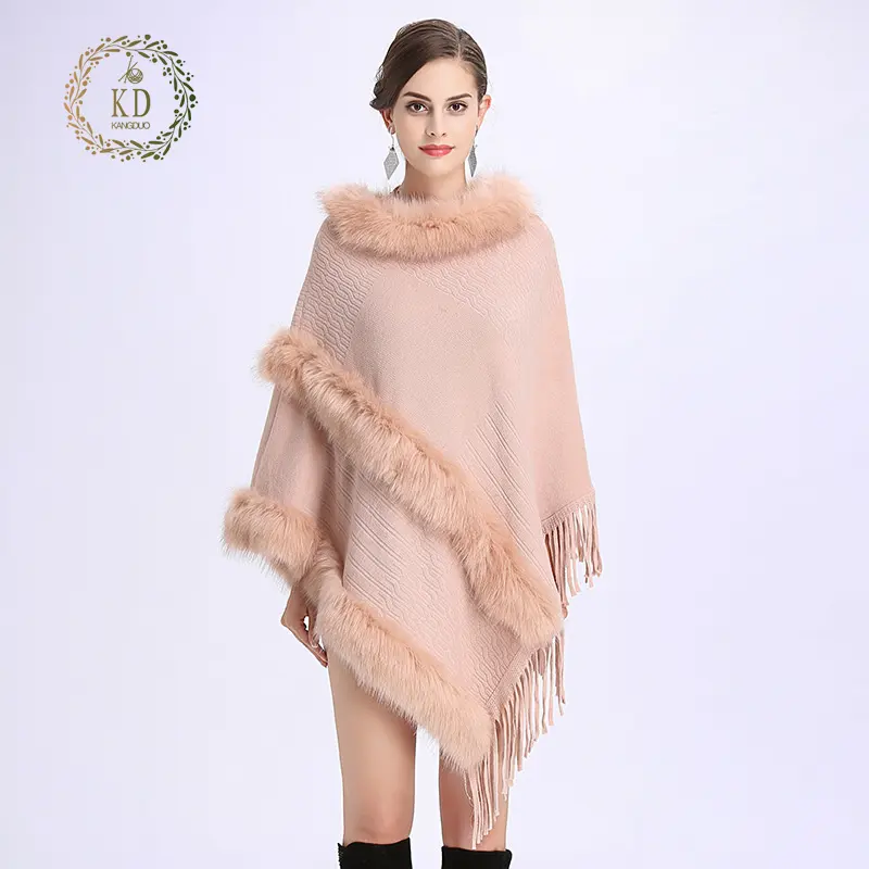 KD custom Winter Knit dolcevita collo in pelliccia di volpe sintetica girocollo pullover con frange poncho per donna cardigan maglione poncho