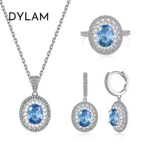 Dylam精品珠宝S925银女永恒带蓝色5A氧化锆蓝宝石环耳环吊坠项链戒指饰品套装