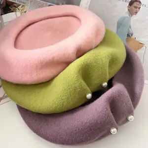 Wholesale Autumn Winter Korean Face Small Fashion Day Sweet Painter Hat Pearl Wool Beret