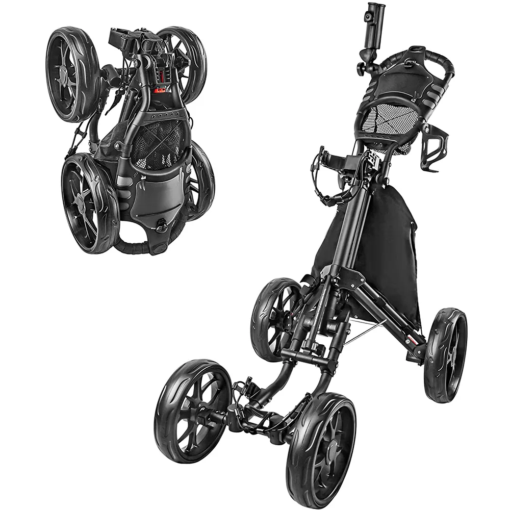 Foldable 4 Wheel Golf Push Cart Golf Trolley with Foot Brake Umbrella Holder Drink Holder Cool Bag