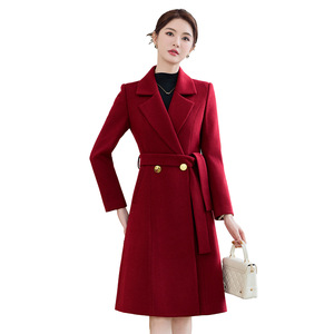 Women's <b>Wool</b> Blend Coat Red Green Double Breasted Belted Mid Length Autumn Winter Outerwear - Product Image 5