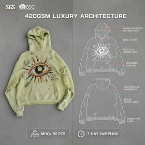 Sudadera con Capucha Corta Verde Claro Lavada Estilo Vintage con Estampado de Grafiti Ojo que Todo lo Ve, Desgastada y Rota, Oversize, Estilo Gótico Urbano - Product Image 1
