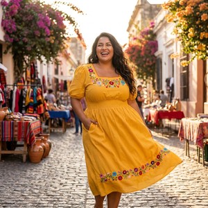 Vestido Midi de Algodón Bordado con Diseño Folclórico Argentino de Córdoba, Color Amarillo Girasol, con Mangas Abullonadas y Cintura Fruncida, Tallas S a 5X - Product Image 5