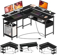 Bureau de jeu en forme de L avec bande LED et prises électriques, bureau d'ordinateur d'angle réversible avec étagère pour moniteur pour bureau à domicile