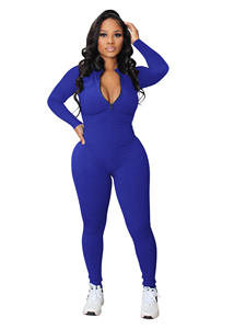 Customized Logo Fashion One Piece <strong>Zip</strong> <strong>up</strong> Plus Size Jumpsuits for Women Solid Sports Fitness <strong>Playsuits</strong> - Product Image 5