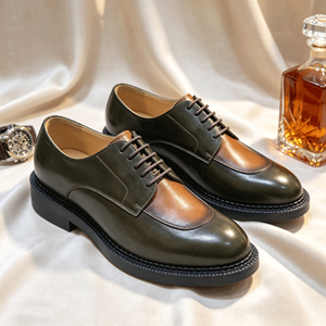 Chaussures Derby en cuir vert olive vintage de luxe pour hommes, chaussures habillées à lacets à semelle épaisse et finition bruni, chaussures décontractées à bout amande - Product Image 3