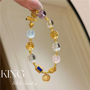 King Silver Jewelry Crystal <b>Bracelet</b> S925 Gold Plated Multicolor Natural Stone Unisex Everyday Wear - Product Image 1