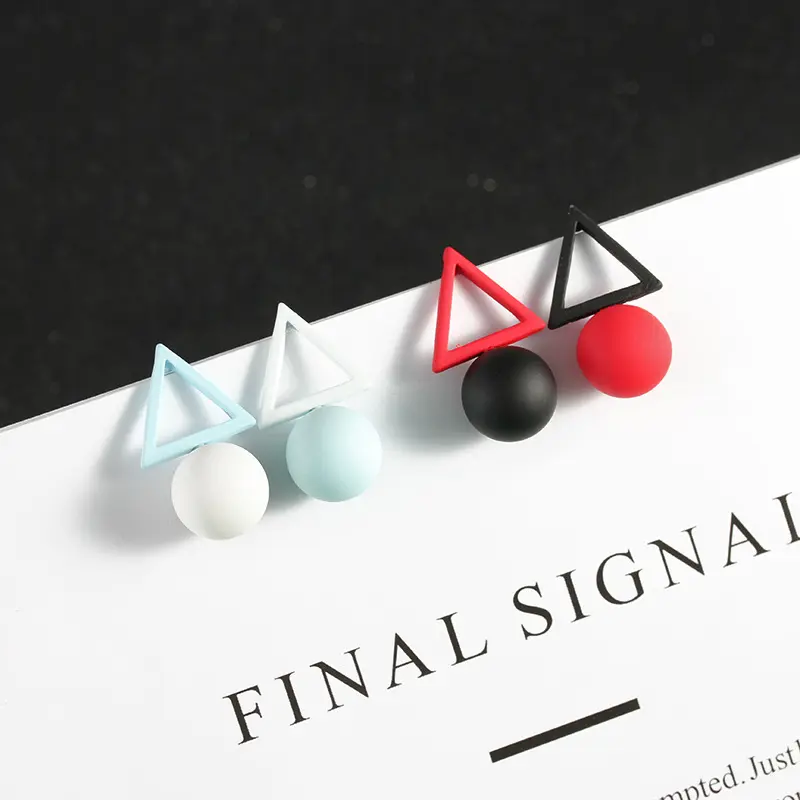 Silver Needle Trend Hit Color Stud Earrings Cream Color Ball Geometric Triangle Asymmetrical All-match Alloy Earrings