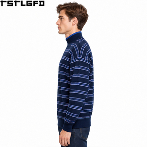 Cut And Sew Striped Mock Neck Sweatshirt Men <b>Navy</b> Pullover Drop Shoulder Knit Wholesale Bulk - Product Image 3