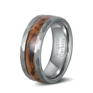 Poya Stock Style 8mm Silver Wedding Band Charred Whiskey Barrel Wood Inlay Hammered Tungsten Ring For Men
