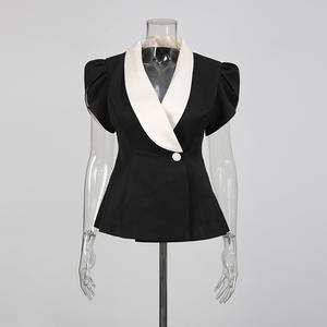 Conjunto de Dos Piezas Elegante Estilo Francés, Cuello en V, Combinación de Colores, Top de Manga Corta para Mujer, Moda, Cintura Alta, Color Sólido, Media Falda - Product Image 4