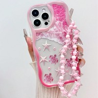 Coque de téléphone portable INS Ocean rose papillon avec chaîne pour iPhone 16 Plus 15 17 Pro Max, motif crème, coque arrière
