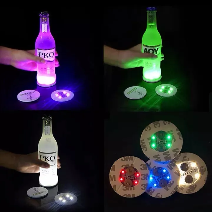 Customized Color LED Bottle Coaster Diameter 6 Cm Light Up Drink Sticker Cup Round Shape
