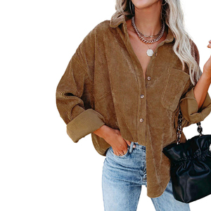 Fábrica de moda al por mayor de <span class=keywords><strong>manga</strong></span> <span class=keywords><strong>larga</strong></span> de pana Casual señoras camisas personalizadas botón frontal mujeres Relax Fit blusa camisas - Product Image 2