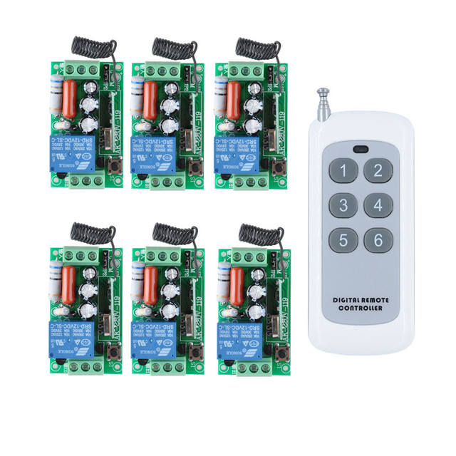 RF AC 220V 1000W One 6-buttons Transmitter 6X 1 Channel Relays Smart Wireless Remote Control Light Switch