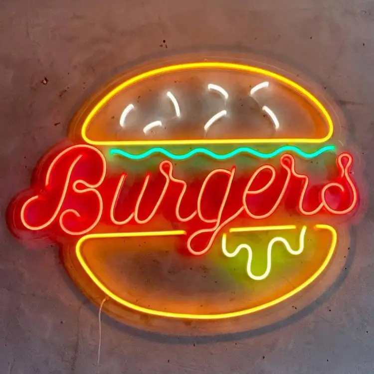 Nenhum Moq alta qualidade Silicone acrílico Neon Sign Burger para parede exterior Publicidade Decoração