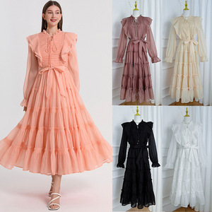 Vestido informal de talla grande personalizado francés plisado <span class=keywords><strong>hongo</strong></span> borde cintura ceñido vestido Retro artístico pétalo manga vestido para <span class=keywords><strong>mujer</strong></span> - Product Image 1