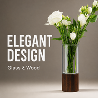 Vase cylindrique en verre borosilicate avec base en bois, vase à fleurs moderne pour la décoration de la maison, centre de table de mariage, logo personnalisé OEM