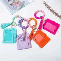 Gantungan Kunci Pemegang Kartu Kredit Dompet Koin Kulit dengan Ritsleting Dompet Kulit Bermotif Bunga Gelang Manik Silikon Rumbai Gantungan Kunci