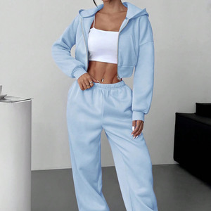 Ensemble sweat-shirt à capuche et pantalon de survêtement zippé décontracté pour femmes, couleur unie, épaules tombantes - Product Image 6