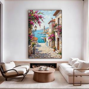 Pintura al Óleo Realista de Callejón Mediterráneo, Paisaje Costero Original, Lienzo Hecho a Mano con Flores - Product Image 2