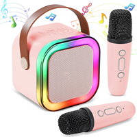 Speaker Karaoke Mini Led portabel anak-anak, dengan 2 mikrofon nirkabel untuk Karaoke anak-anak ringan