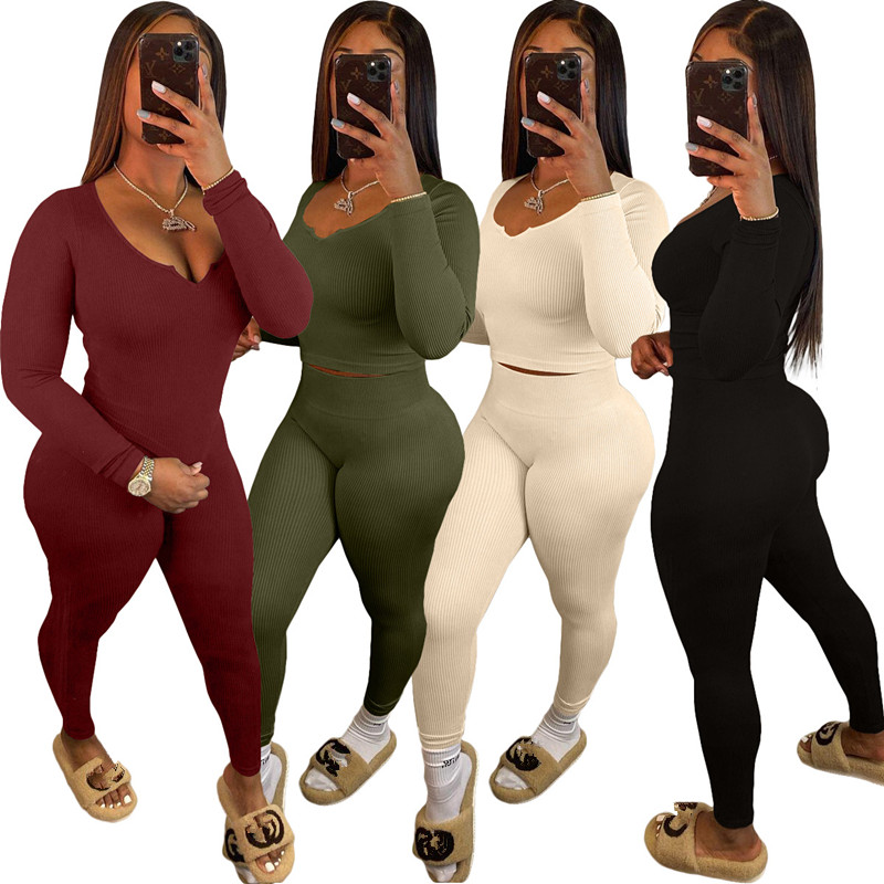 2021 womne fall clothes woman knitted pants suits autumn slim fit suits 2pcs clothing set latest design long sleeve tops pants